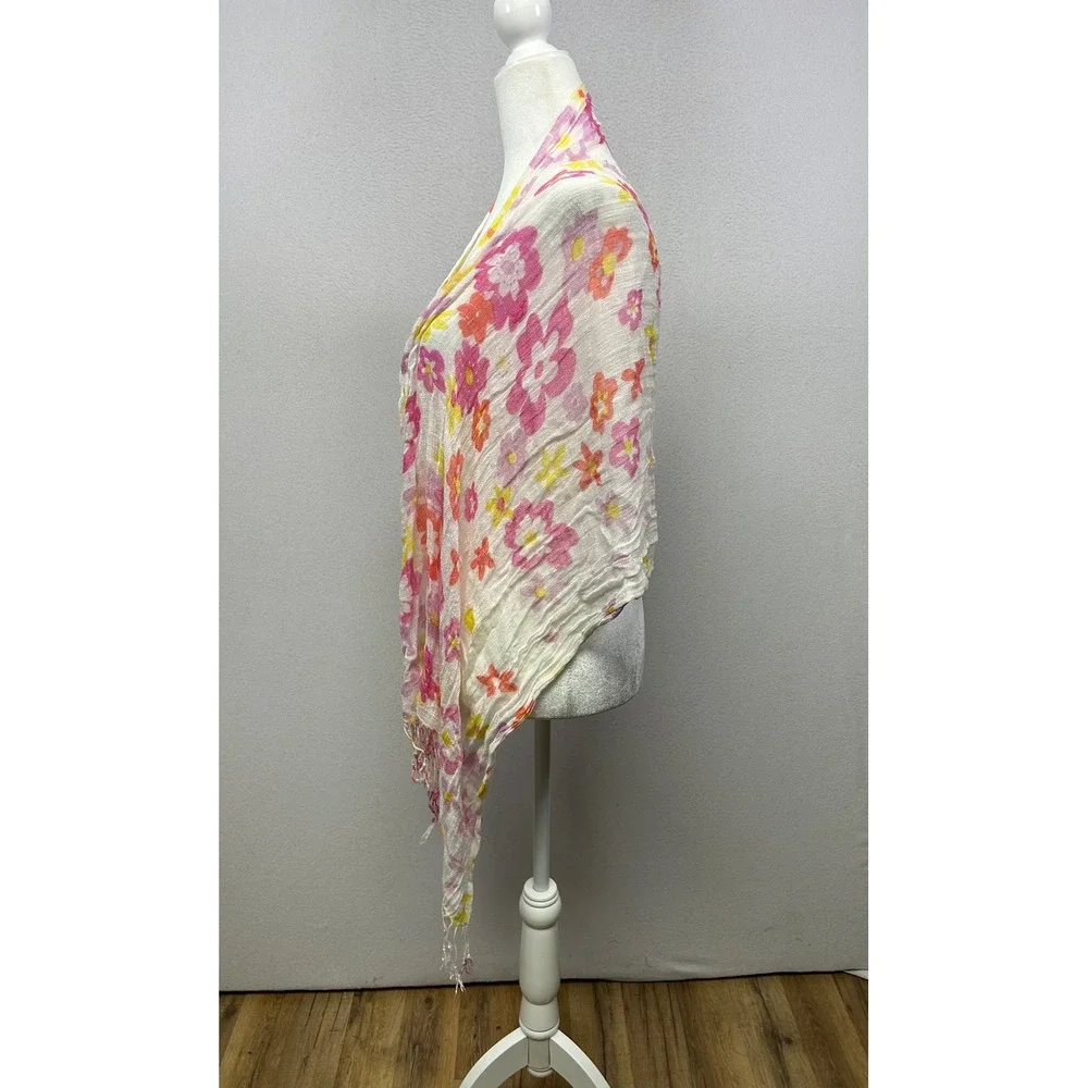 Cottagecore Airy Women OS White‎ Pink Floral Gauze Fringe Scarf Wrap